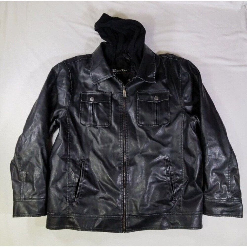 BraveSoul Fearless Fashion Black Leather Jacket Biker Style, Hood Men's Size XL